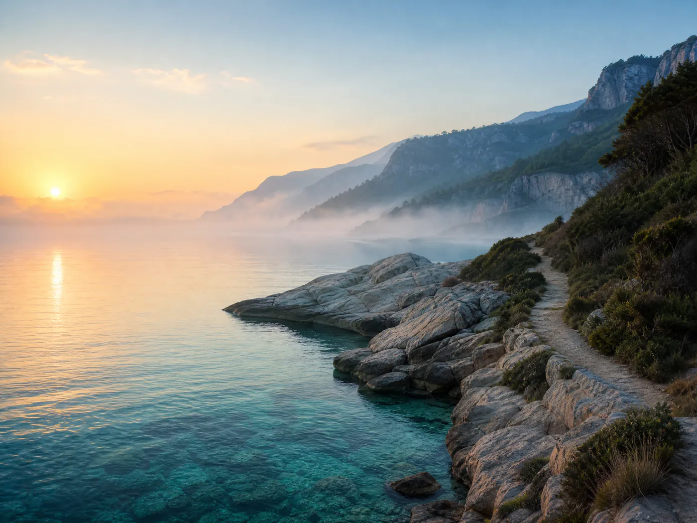 A quiet coastal cove and rocky path at sunrise