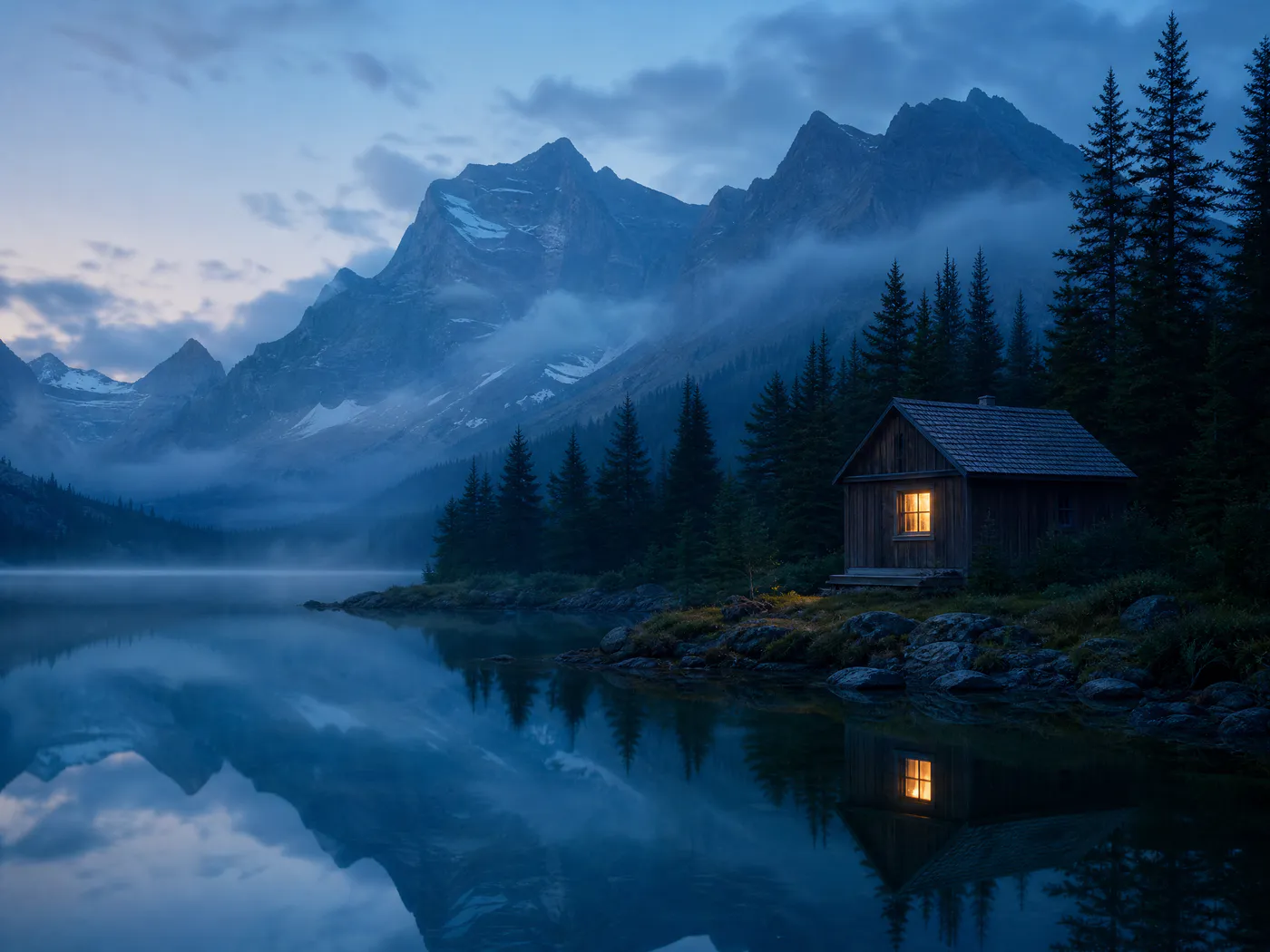 A secluded cabin beside a mountain lake at dusk