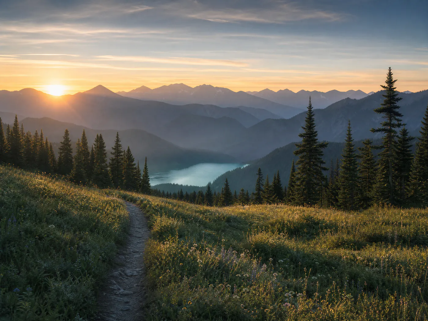 A mountain meadow overlooking a lake at sunrise