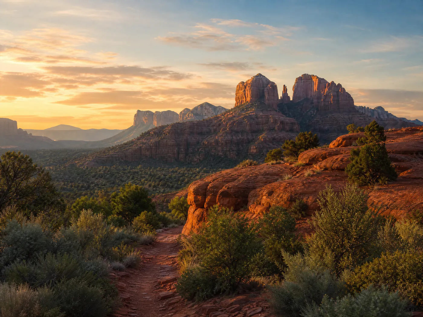 Sedona red rock formations in warm evening light