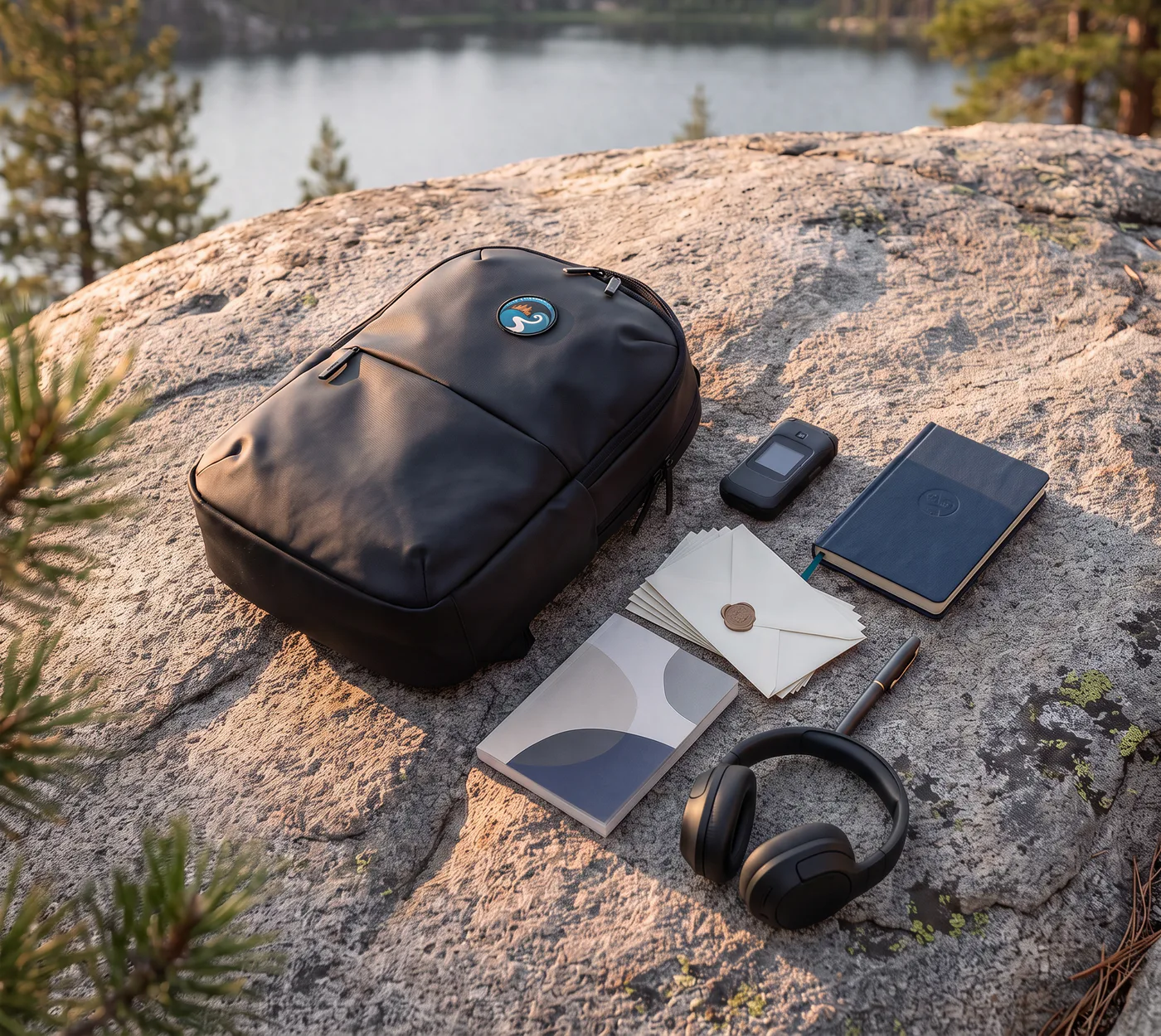 A Kahuli bag, headphones, flip phone, journals, envelopes, and writing tools arranged beside a mountain lake
